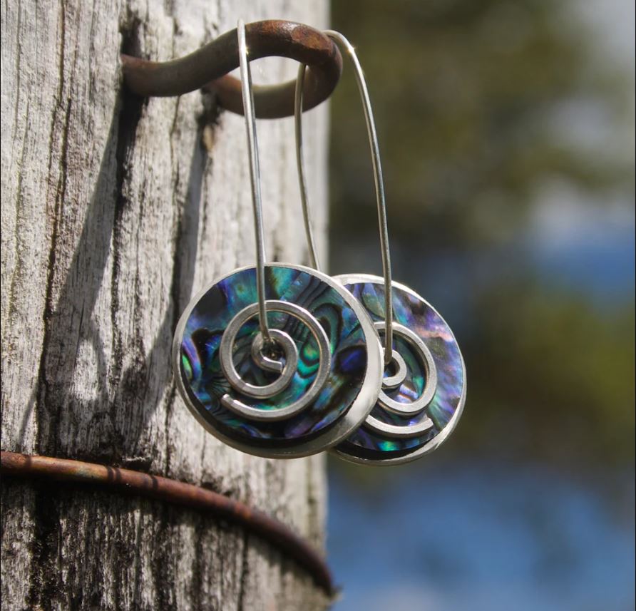 Silver Paua Spiral Drop Earrings - Large