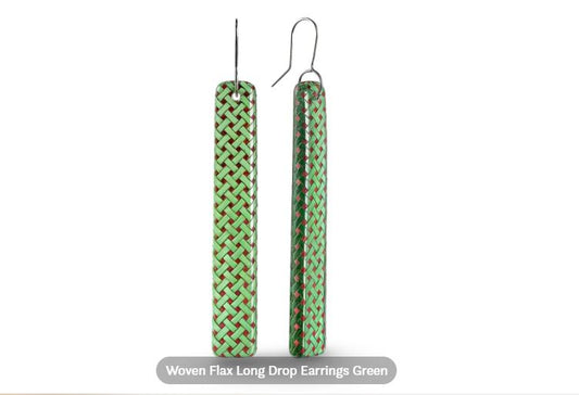 Woven Flax Long Drop Earrings - Green